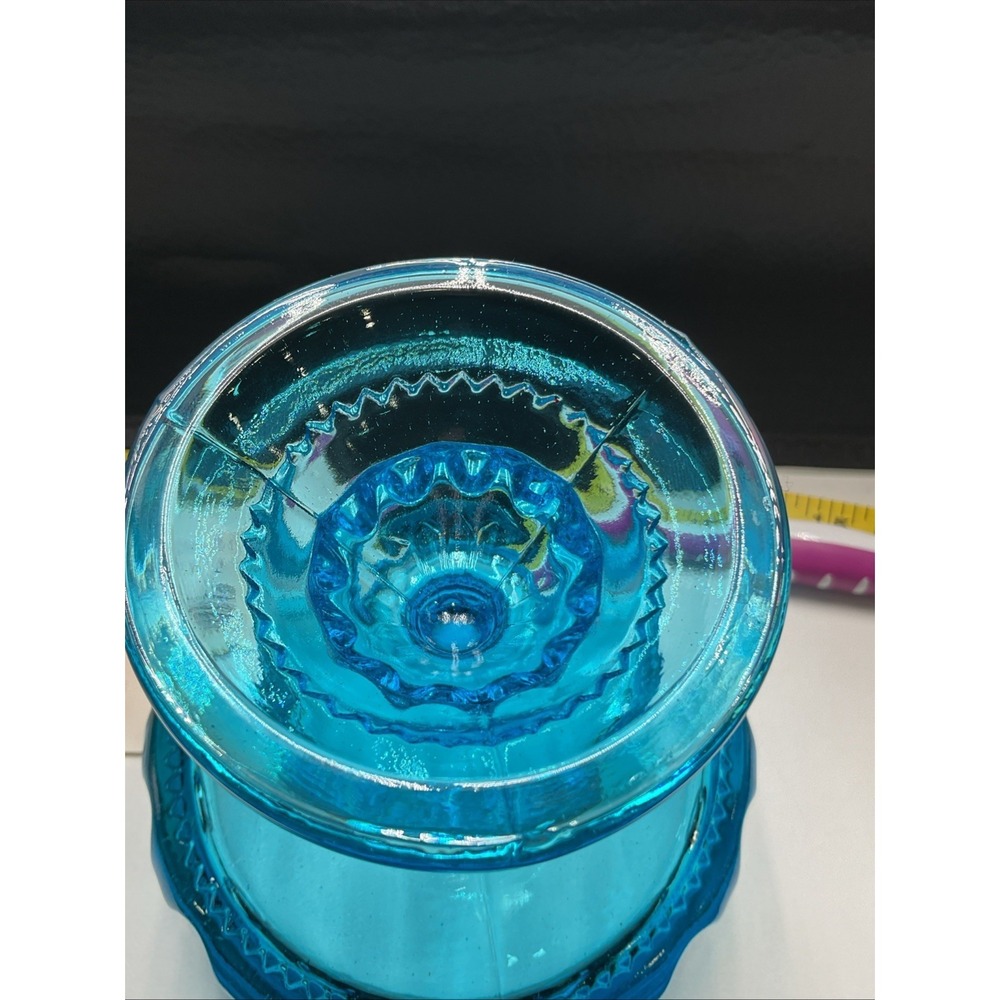 Vintage INDIANA GLASS Kings Crown Aqua Blue Thumbprint Pedestal COMPOTE Bowl - Picture 5 of 6
